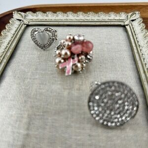 Set‎ 3 Boho Silver Tone With Black Rhinestones  Pink Faux Pearls Stretch Ring